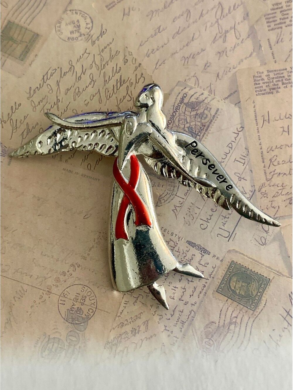 Vintage Breast Cancer Silver Bird Brooch with Red Ribbon 'Persevere' Script Pin